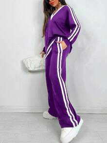 Setelan Kaos Lengan Panjang Leher V Kasual Wanita Ukuran Besar + Celana Panjang Lebar dengan Saku dan Garis Samping, Musim Semi/Gugur - Purple - View 2