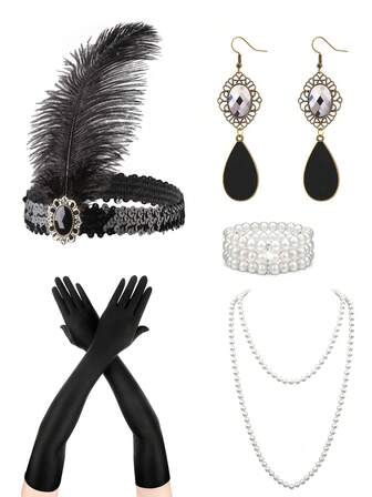 5pcs 1920s Flapper Artificial Feathers Headband Alloy Rhinestone Earring Long Pearl Choker Necklace Satin Gloves Set For Women 20s Flapper Accessories Gatsby Theme Party