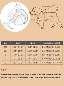 Un Set de arnés y correa para mascotas de malla transpirable con estampado colorido. La tela de malla es fresca y flexible sin romperse. La tira reflectante de alta visibilidad puede mejorar el grado de localización por la noche para evitar accidentes de tráfico. El arnés puede adaptarse bien al cuerpo de la mascota sin dañarlo. Los dos anillos grandes pueden ayudar al perro a controlar y transportar la bolsa de basura. El pequeño anillo en D se puede utilizar para colgar adornos. La longitud de la correa se puede ajustar y el arnés en sí es hermoso. Se puede utilizar tanto para caminar como para transportar.