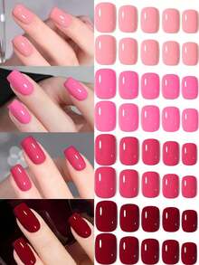 ARTAUG 96片Abrazine纯色美甲贴纸，4种不同的裸色系，亮面，可佩戴，可爱短方形假指甲，可卸除，美甲贴纸套装，新年礼物送给女性和女孩 - 红色美甲用品 - 紅色 - 查看 8