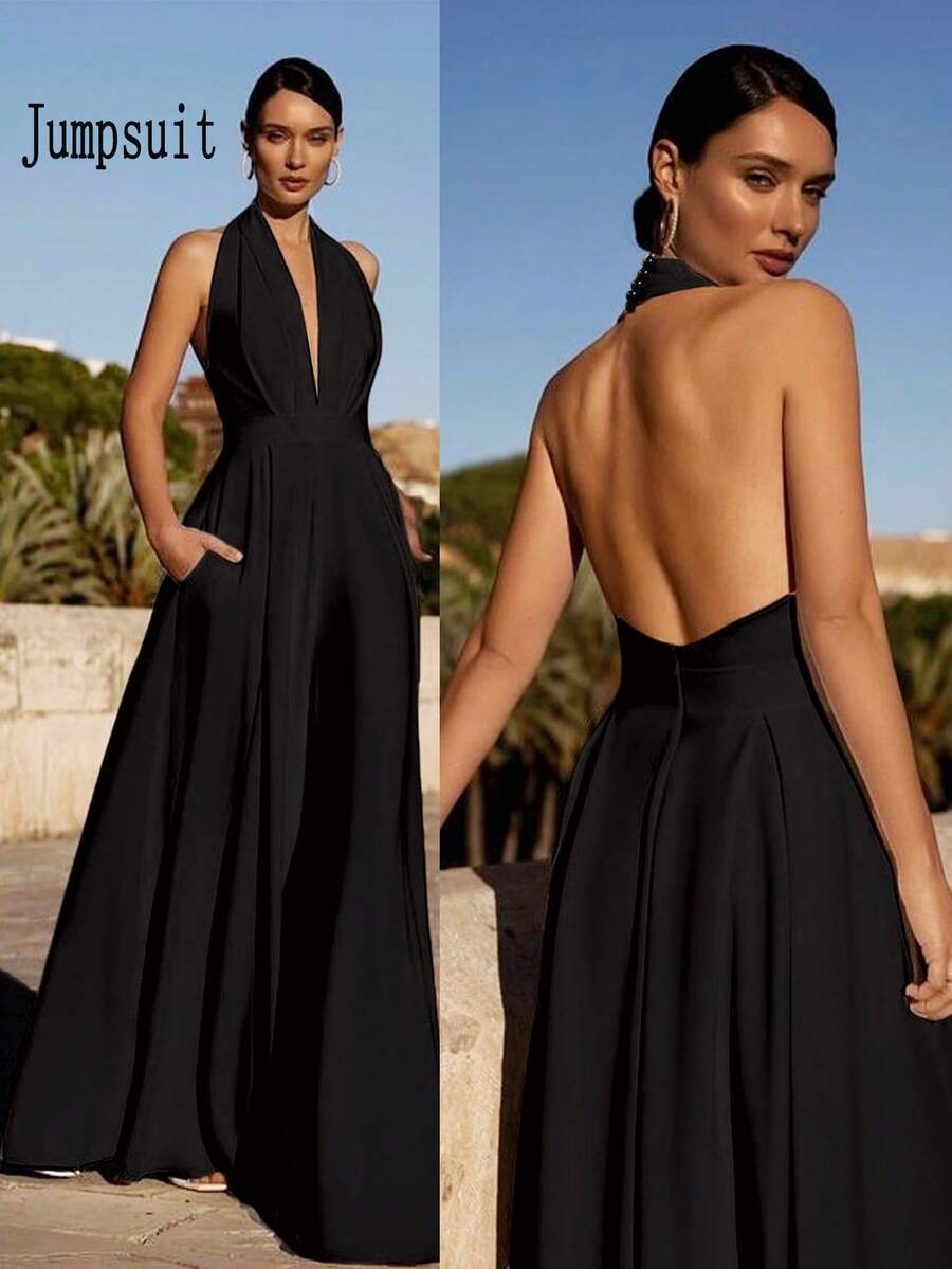 Solid Color Knit Fabric Backless High Slit Zipper Jumpsuit, Suitable For Holidays, Birthdays, Parties, Back To School, Singles' Parties, Stages And Concerts, Spring/Summer