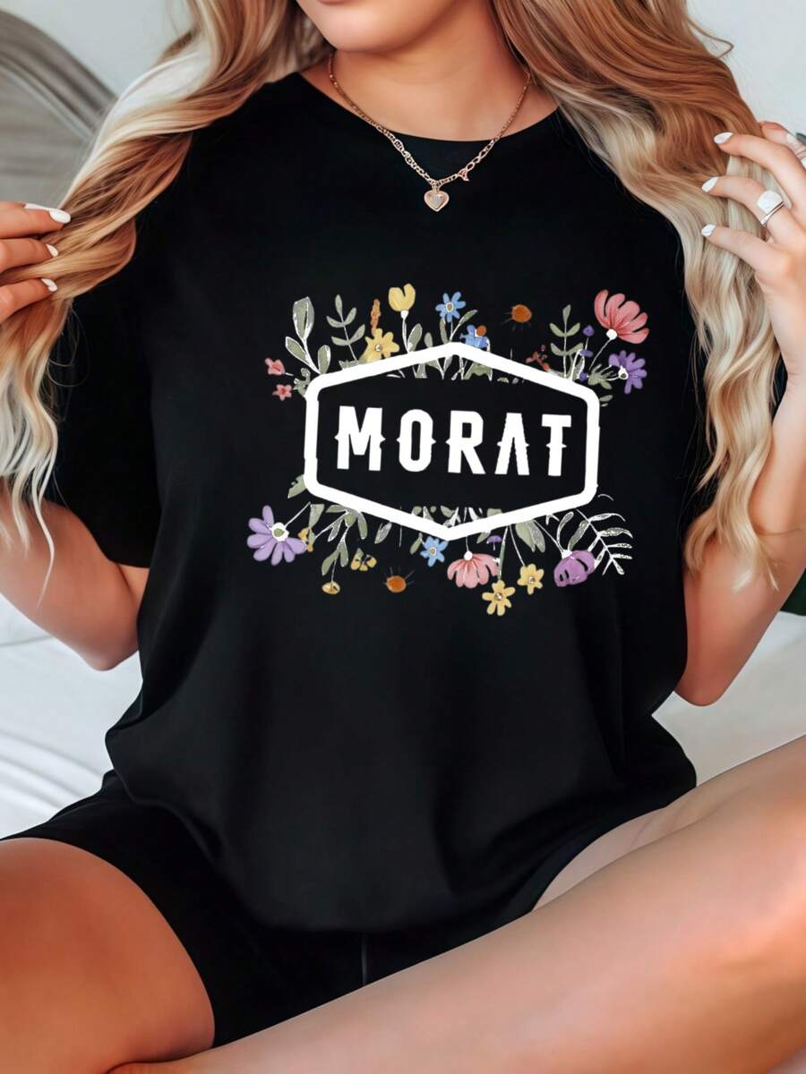 Women's Plus Size-Shirt Loose Fit Black And White Floral Print MORAT Text Graphic Tee Casual Summer Tops Women Comfortable Cotton Crewneck Shirt Streetwear Fashion Outfits Graphic Tees Women Crop Tops Tops Women Vintage Cotton Cute Clothes Women Shirts Summer Tops Graphic Tees Summer Outfits Women Graphic Tees Women Crop Tops Tops Women Vintage Cotton Cute Clothes Women - 黑色 - 查看 1