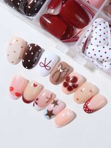 288pcs/Box (12 Mixed) Short Oval Flower Polka Dot Bow French Design Tips Press On Nails Perfect Fit Acrylic False Nails Set,Nails In Autumn And Winter, Suitable For Women And Girls Daily Life And Party Use