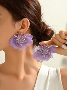1 Pair Women's Sparkling Colorful Rhinestone Fabric Flower Large Stud Earrings Fashion Exaggerated Statement Jewelry For Party Prom