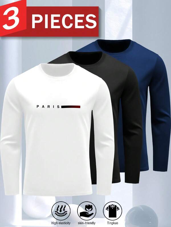 3 Pack Paris Long Sleeve Shirts For Men Moisture Wicking UPF SPF Sun Protection Tee Shirts Workout T Shirts Printed Casual