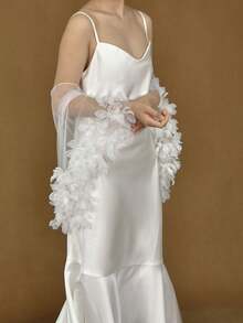 1pc Handmade Organza 3D Floral Bridal Shawl, Soft Nylon Chiffon, Suitable For Wedding Dress Photography Props, Women's Evening Gown Accessory, One-Piece Style, Heat-Resistant To Reduce Wrinkles