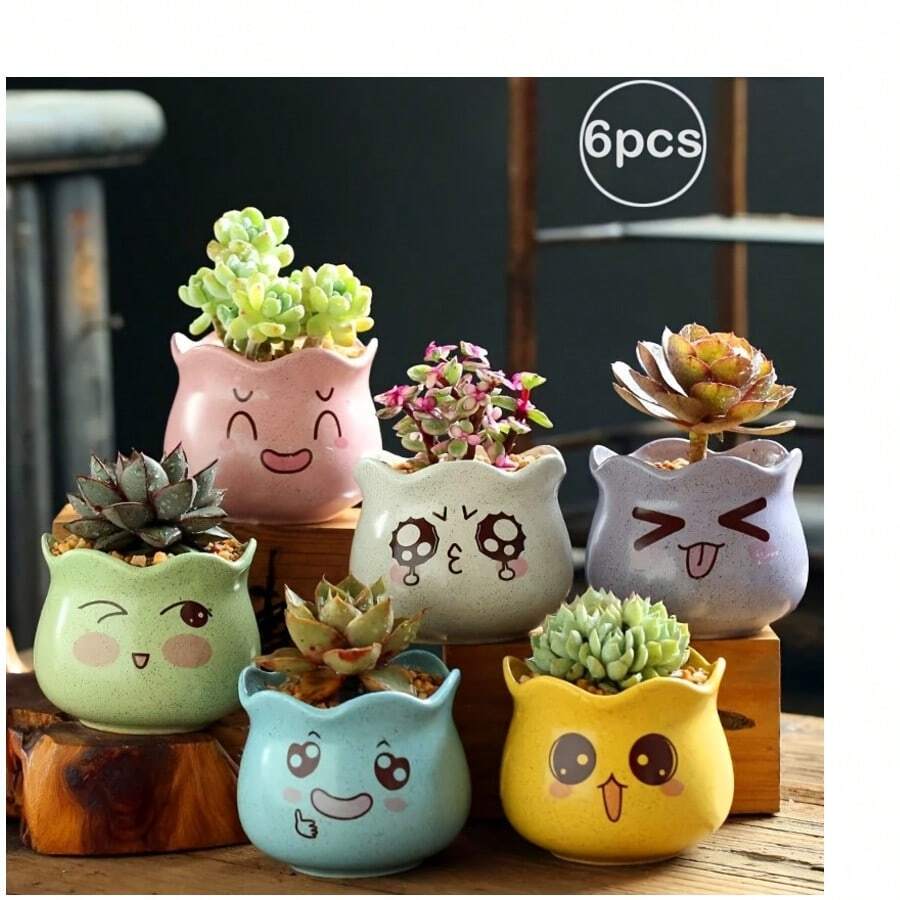 6pcs/Set Cartoon Cute Ceramic Flower Pots, Cute Succulent Plant Flower Pot With Drainage Hole Function, Suitable For Succulents And Cacti, Painted Surface Treatment, Home Office Desk Garden Gift, Very Suitable For Indoor And Outdoor Desktop Window Sill Landscape Design, Perfect Gift For Christmas, Birthday, Mother's Day - Multicolor - View 1