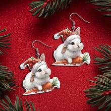 1 Pair Cute Cartoon Christmas Hat & Carrot Rabbit Ear Earrings, Funny 2D Design, Suitable For Christmas Wear