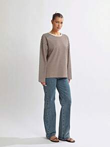 Women's Autumn Casual Striped Tops Long Sleeve Round Neck Loose Fit T-Shirt For Daily - Cà phê nâu - Xem 5