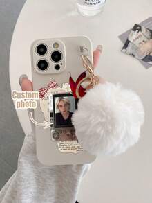 1pc Customizable White TPU Phone Case With Camera Frame Background Image, Shockproof + 1pc White Furry Ball Pendant Compatible With IPhone/Android///OPPO Phones, 17 Pro Max, A14, A54, A52, A31 4G, A23