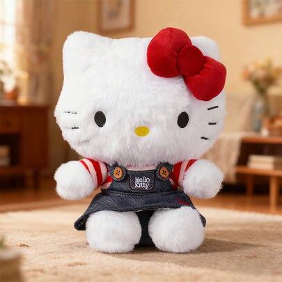 Miniso Sanion Hello Kitty Classic Series Plush Doll, Iconic Cute Design, Details Of Red-White Stripes And Denim Overall Skirt, Soft And Skin-Friendly Plush Material, Preferred Choice For Bedroom Companion And Decoration(1 PC)