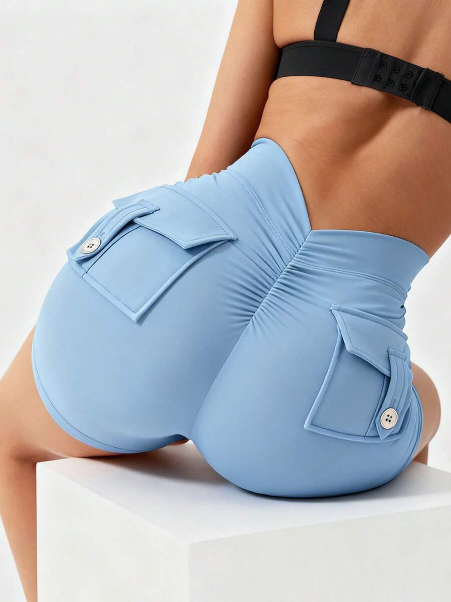 YEOREO Pink Shorts Workout Shorts With Pockets For Women V Back Scrunch High Waisted Shorts Charm Gym Yoga Biker Shorts - Màu xanh nhạt - Xem 1