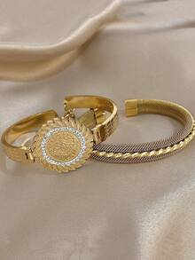 Bộ vòng tay thép không gỉ mạ vàng 18K kiểu dáng cổ điển sang trọng, họa tiết hình học đan xen, phù hợp cho nữ, có thể dùng làm quà tặng Ngày của Mẹ, quà tặng tựu trường, quà tặng Halloween, phụ kiện du lịch biển mùa hè, phụ kiện phong cách Bohemian, phụ kiện dự tiệc/dạ hội/mặc hàng ngày, quà cưới, quà sinh nhật, quà tặng phù dâu và quà Giáng sinh. - Nhiều màu - Xem 4