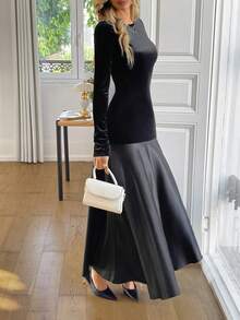 Robe de soirée élégante pour femmes PoPoHouse, avec un design de patchwork en satin de velours luxueux et mince, une robe longue. Tenues de la Saint-Valentin pour femmes, tenues de printemps pour femmes