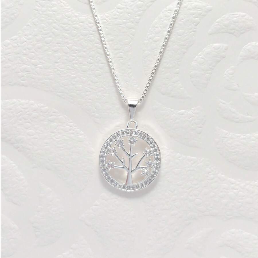 Simple And Elegant Women's Necklace, Round Tree Of Life Pendant, Inlaid With Zirconia, 925 Silver Plated - 銀色 - 查看 1