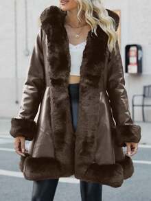 Giolshon Women's PU Leather Jacket With Faux Fur Lining, Hood And Belt - Minimalist & Fashionable, Suitable For Autumn/Winter - Chocolate Brown - View 5