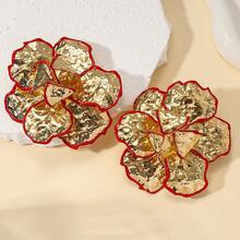 Golden Color Enameled Big Flower Floral Statement Earring For Women