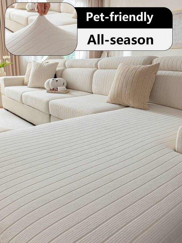 1pc Minimalist Striped Stretch Sofa Cover, Non-Deforming, All Season Use, Anti-Cat Scratch, Slip-Resistant Elastic Sofa Slipcover, Fits 1-Seater, 2-Seater, 3-Seater, 4-Seater Sofa, Sofa Backrest Cover, L-Shaped Sofa Cover
