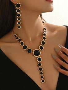2 件/套时尚几何圆形光滑金属镶嵌黑色椭圆形亚克力夸张超长吊坠项链和耳环套装，金属项链，蛇骨链 Y 形项链，吊坠项链，派对首饰套装，礼服配饰首饰套装 - 金黃色+黑色 - 查看 3