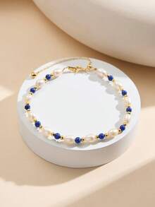 AETOLIA S925 Sterling Silver Natural Freshwater Pearl Bracelet, Handmade Original Design With Turquoise/Lapis Lazuli/Malachite/Amazonite/Garnet, Vintage Fairy Style, Adjustable Sliding Chain, Suitable For Women's Daily, Commute, Wedding Wear - Gold - View 19