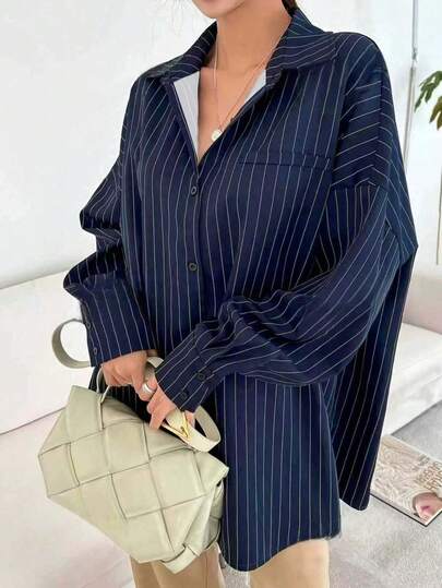 Women's Striped Print Lapel Casual Shirt