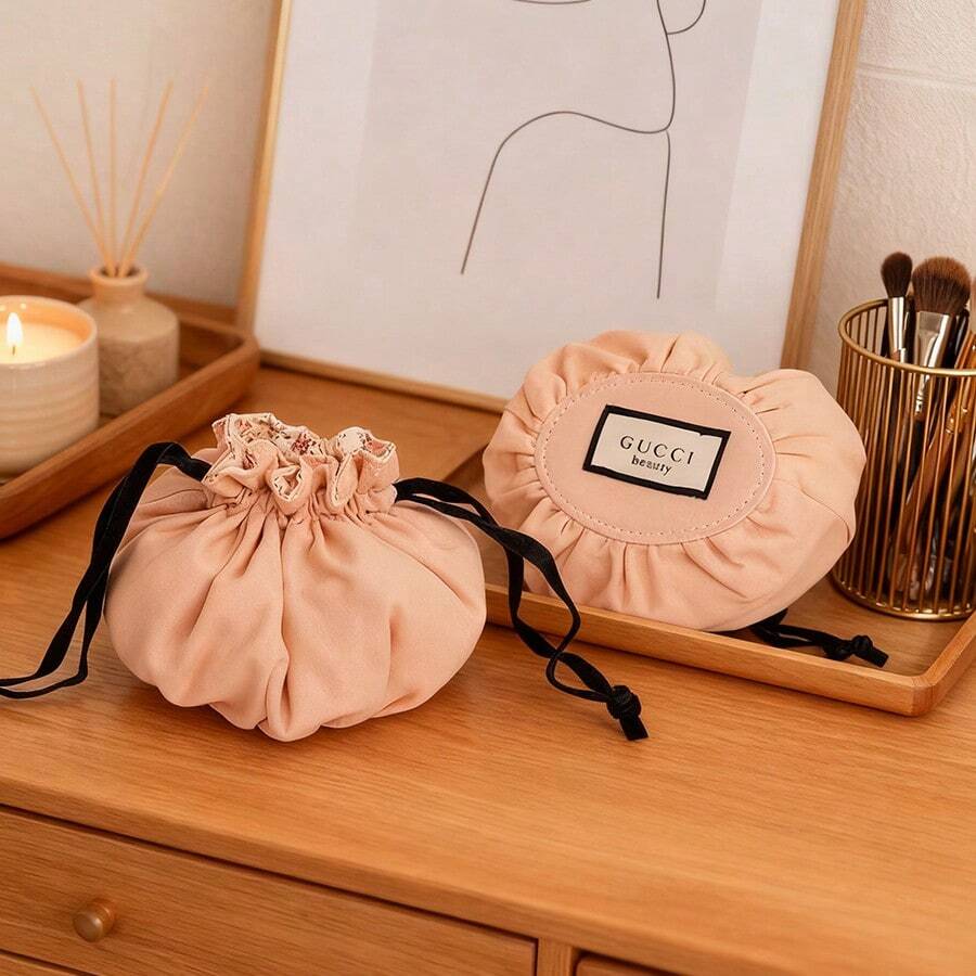 Gucci Bolsa de cosméticos con cordón de satén antiguo, textura sedosa de satén, portátil - Rosa - Ver 1