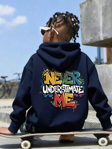 一件青少年男童保暖连帽衫，带标语印花，适合青少年学生穿着，秋冬季长袖上衣 - 藏蓝色 - 查看 4