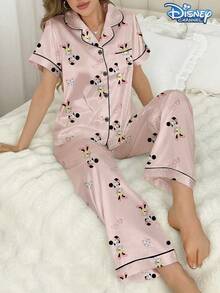 Disney 2pcs Minnie Mouse Cartoon Print Comfortable Jersey Casual Button-Front Top And Elastic Waist Pants Pajama Set For Women, Soft And Breathable Silk-Like Fabric, Suitable For All Seasons Loungewear