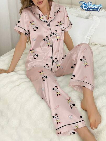 Disney 2pcs Minnie Mouse Cartoon Print Comfortable Jersey Casual Button-Front Top And Elastic Waist Pants Pajama Set For Women, Soft And Breathable Silk-Like Fabric, Suitable For All Seasons Loungewear