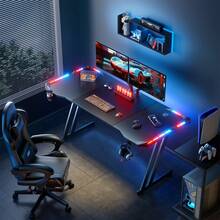HLDIRECT Gaming Desk With LED Lights Carbon Fibre Surface Gaming Table Large Computer Desk Ergonomic Home Office Desks Z Shaped PC Gamer Workstations With Cup Holder & Headphone Hook - Black - View 7