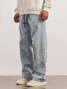 Pantalones de corte holgado para hombre Bordado de estrellas a rayas laterales Estilo americano vintage - Gris - Ver 5