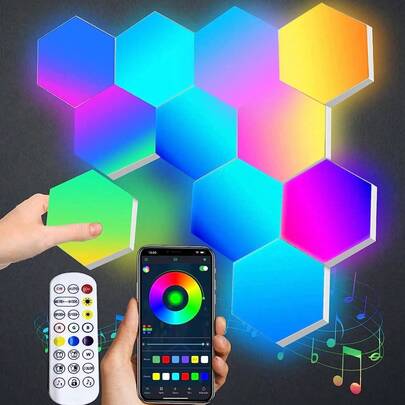 8-Piece Hexagon Smart LED Light Panels Set, Magnetic Modular Wall Tiles With APP Control, RGB Color Changing Gaming Lights With Custom Layout Glide System