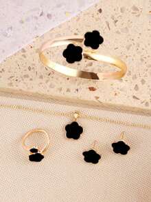5pcs/Set Lucky Clover Design Necklace, Earrings, Bracelet And Ring - 黑色 - 查看 3