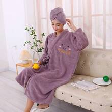 Soft Coral Fleece Bathrobe With Braided Trim And Bowknot Design, Absorbent And Lint-Free, Can Be Worn Outerwear