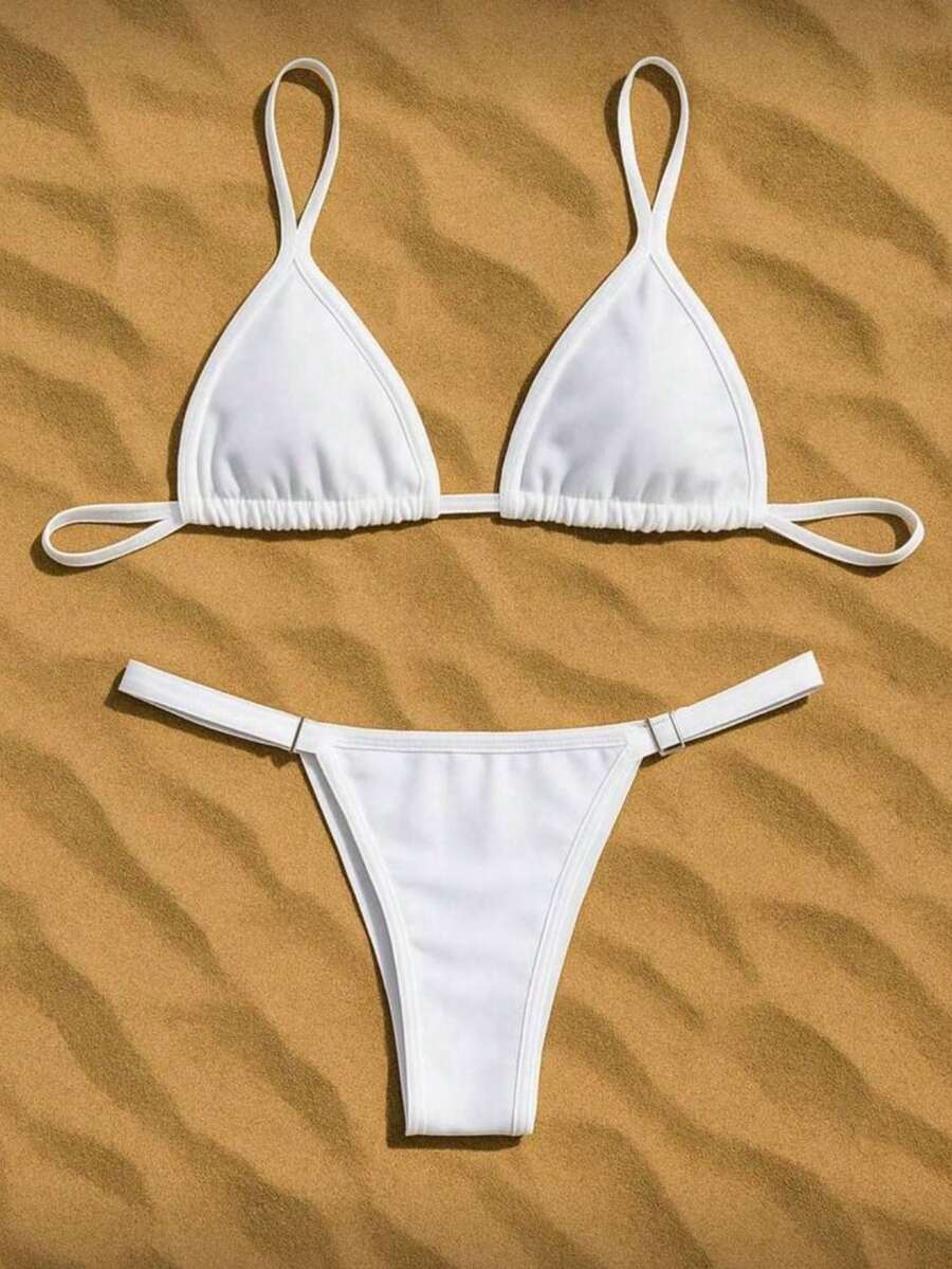 Women's Summer Bikini With Ribbon Thong And Triangle Top - trắng - Xem 1