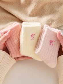 2 Pairs Of Thicking Children's Socks With Bow Embroidery, Cute Plush Mid Tube Socks For Girls, Warm Crew Sicks For Autumn/Winter,White/Pink Socks Suitable For Snow/Out,Random Color - Multicolor - View 2