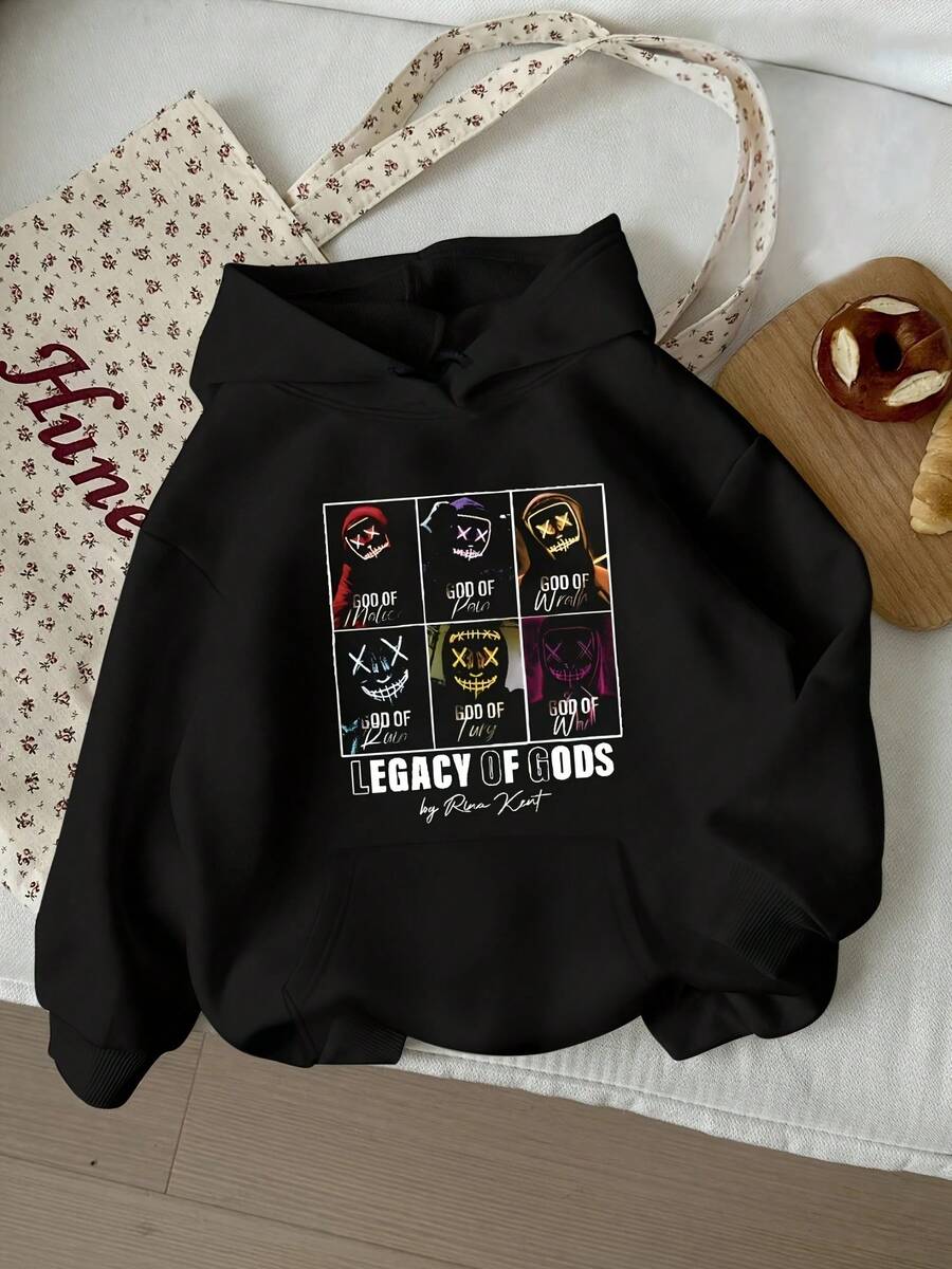 S LEGACY OF GODS By Rina Greek God Mythology Hooded Sweatshirt - Greek Key & Gods Print (Zeus, Hera, Athena) - Black Pullover Hoodie, All-Season Casual Wear, Hine Washable Sweater - 黑色 - 查看 1