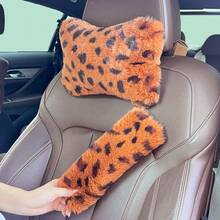 2pcs Plush Leopard Print Headrest & Shoulder Covers Set, Soft & Comfortable Neck Pillow, Car Interior Accessories