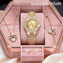 1 套女士手表华丽时尚石英手表满镶钻石水钻和蝴蝶吊坠项链、耳环、手链首饰套装非常适合日常佩戴、生日礼物、派对、节日聚会，也是送给自己或朋友的理想礼物（不含盒子） - 金色 - 查看 1