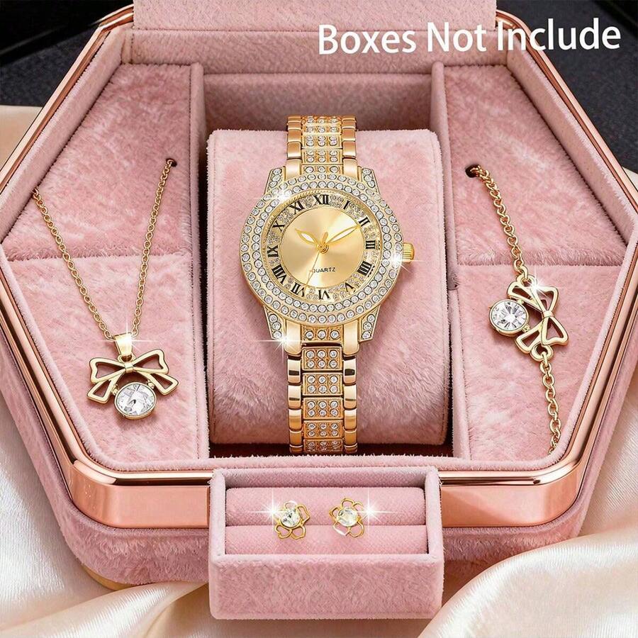 1 套女士手表华丽时尚石英手表满镶钻石水钻和蝴蝶吊坠项链、耳环、手链首饰套装非常适合日常佩戴、生日礼物、派对、节日聚会，也是送给自己或朋友的理想礼物（不含盒子） - 金色 - 查看 1