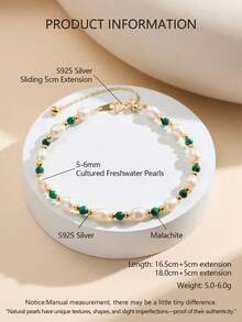 AETOLIA S925 Sterling Silver Natural Freshwater Pearl Bracelet, Handmade Original Design With Turquoise/Lapis Lazuli/Malachite/Amazonite/Garnet, Vintage Fairy Style, Adjustable Sliding Chain, Suitable For Women's Daily, Commute, Wedding Wear - Gold - View 10