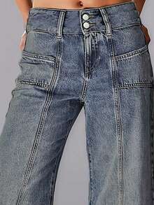 大码女式弹力牛仔面料设计开叉牛仔裤，休闲百搭双扣修身口袋水洗宽松阔腿喇叭牛仔裤，2025 年新款畅销百搭四季牛仔裤