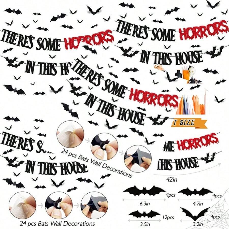 26 PCS There's Some Horrors In This House Decorations Halloween Banner Bats Wall Decor Horrible Theme For Boy Girl Party Supplies Black And Red Glitter