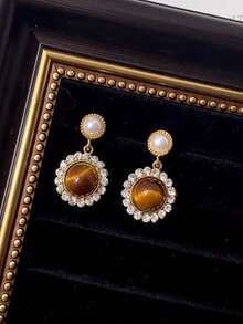 1 Pair Elegant French Retro Luxury Rhinestone & Tiger Eye Geometric Earrings, Fashionable For Women's Daily, Holiday, Party Wear