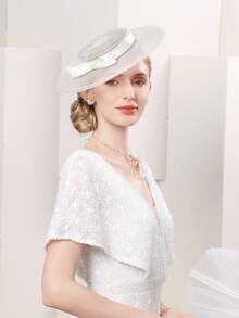 1pc Oversized Pill Box Hat, Wide Brim Hat, Women's Headpiece, Elegant Kentucky Derby Fascinator With Bow, Party Dress Soft Felt Hat, Cocktail Hat, Bridal Wedding Cowgirl Hat, Women's Tea Party Hat, Halloween Hat, Hair Accessory, Gift, Evening - Beige - View 5
