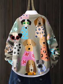 [满印] [轻薄] [毛衣] 休闲可爱小狗图案圆领长袖针织时尚轻薄毛衣 女款 秋冬 - 卡其色 - 查看 2