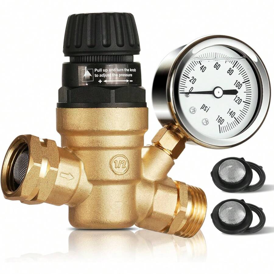 RV Water Pressure Regulator, Brass Lead-Free Adjustable Water Pressure Reducer With Gauge, Tool-Free Hand-Turn 0-160 PSI, 3/4" GHT For RV, Camper, Trailer, Garden Hose - ĐỒNG THAU03 - Xem 1