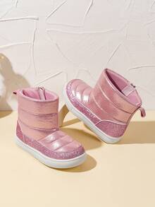 黑色轻便厚底男女通用侧拉链儿童雪地靴，舒适透气防滑防寒户外时尚休闲徒步远足跑步休闲高帮多功能平底靴 - 粉色 - 查看 1