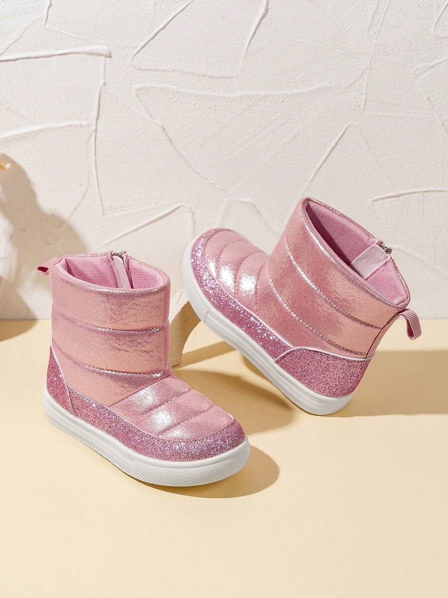 黑色轻便厚底男女通用侧拉链儿童雪地靴，舒适透气防滑防寒户外时尚休闲徒步远足跑步休闲高帮多功能平底靴 - 粉色 - 查看 1