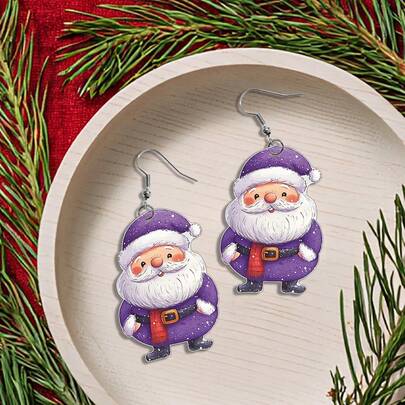 1 Pair Cute Cartoon 2D Santa Claus Earrings, Suitable For Christmas Wear, Purple